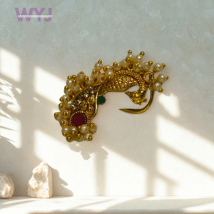 Regal Golden Peacock Nose Ring with Pearls | Traditional Nath
