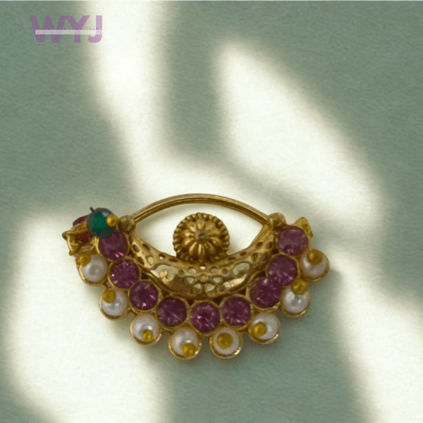 Vintage Crescent Nath with Pink Stones & Pearls