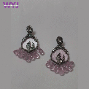 Oxidised Silver Peacock Earrings with Lavender Drop Beads