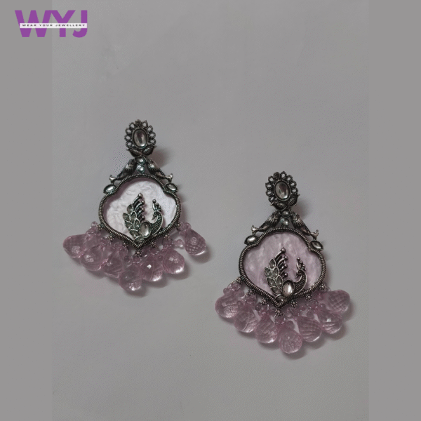Oxidised Silver Peacock Earrings with Lavender Drop Beads