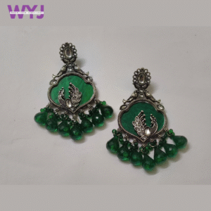 Oxidised Silver Peacock Earrings with Emerald Green Drop Beads