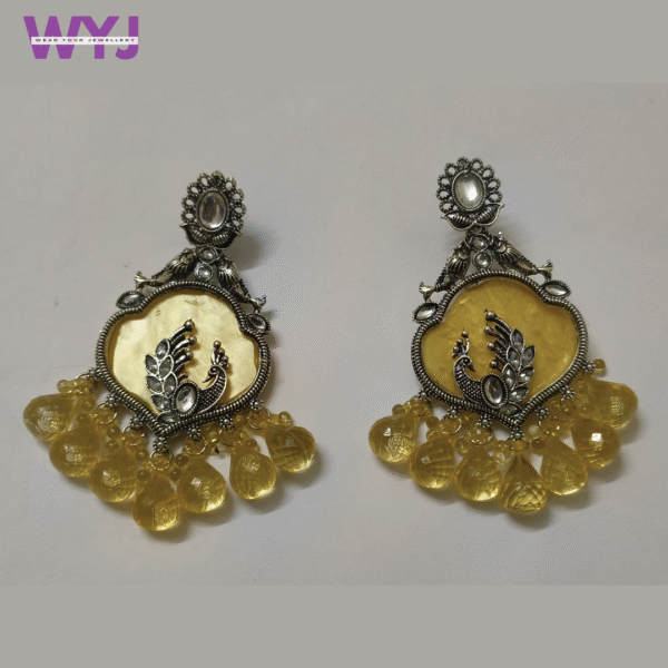 Earrings Oxidised Silver Peacock Golden Yellow