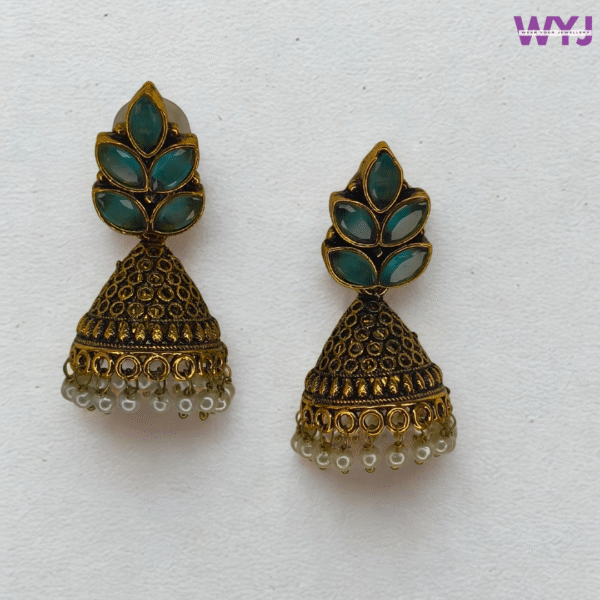 Antique Jhumka Earrings with aqua blue Stone & Pearl Beads – Traditional Festive Wear
