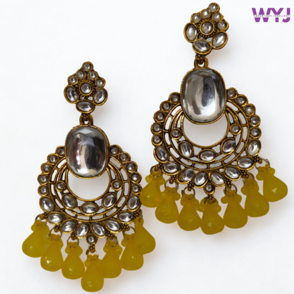 Antique Kundan Chandbali Earrings with Yellow Beads