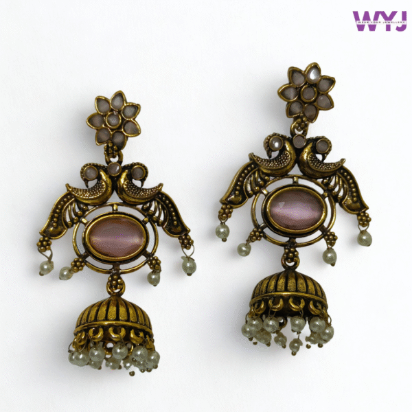 Antique Gold Lavender Stone Peacock Jhumka Earrings with Pearls