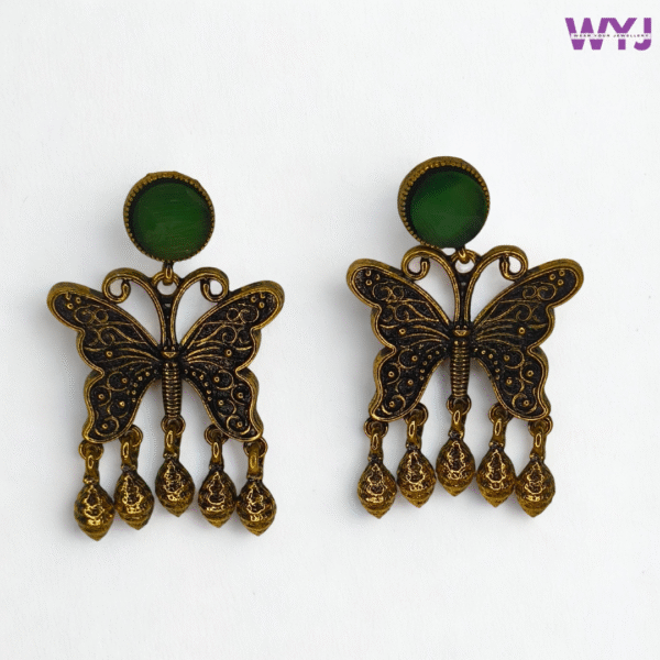 Butterfly Oxidised Earrings with Dark Green Stone