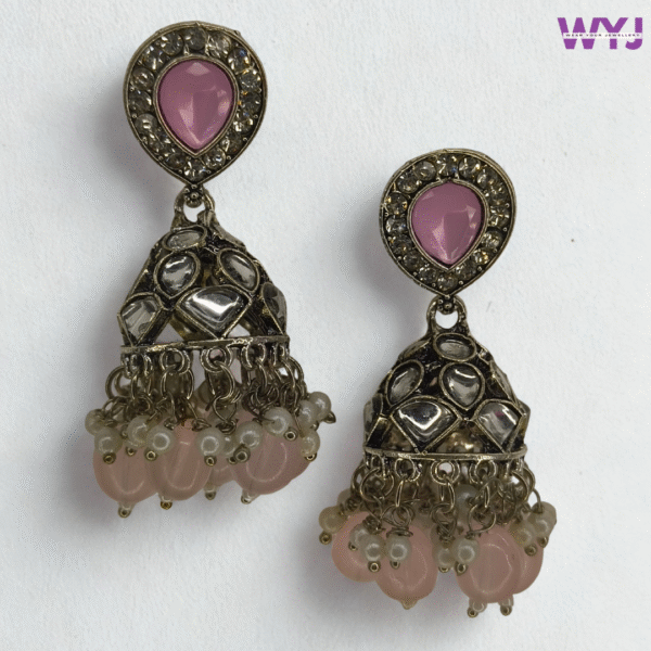 Oxidised Pink Jhumka Earrings with Mirror Work and Pearl Beads – Ethnic Partywear