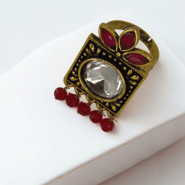 Antique Gold-Plated Red Stone Mirror Ring | Adjustable Ethnic Statement Ring