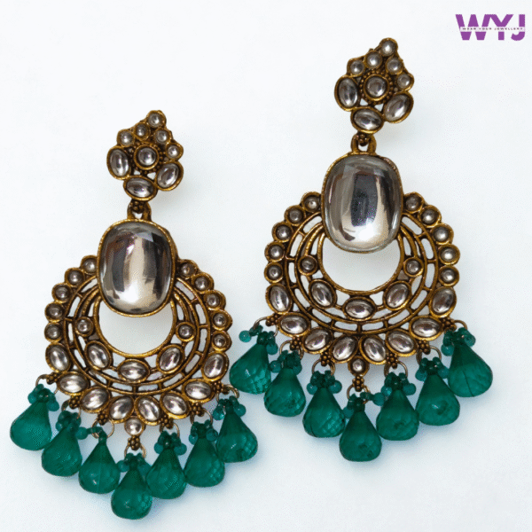 Antique Kundan Chandbali Earrings with Green Beads