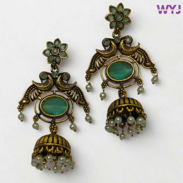 Antique Gold Green Stone Peacock Jhumka Earrings with Pearl Drops