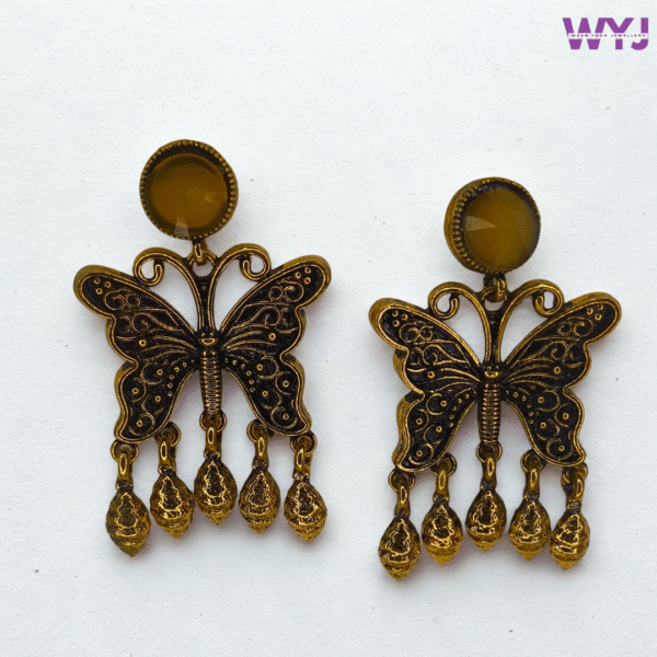 Butterfly Oxidised Earrings with Mustard Yellow Stone