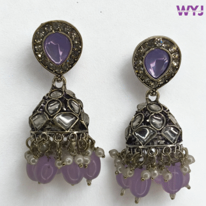 Antique Dome Kundan Jhumka Earrings with Bead & Pearl Detailing