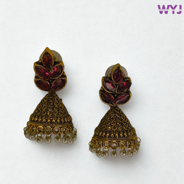 Antique Gold Plated Jhumka Earrings with Ruby Red Stones & Pearl Beads – Traditional Indian Ethnic Wear for Women
