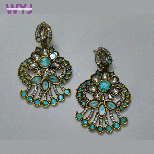 Earrings Royal Blue Kundan Fan