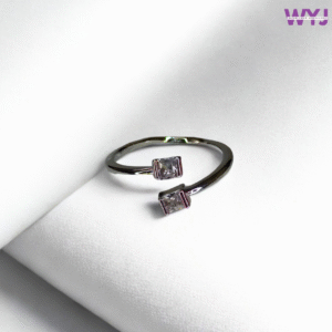 Modern Silver Adjustable Open Ring with Twin Square Crystals