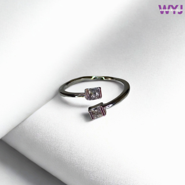 Modern Silver Adjustable Open Ring with Twin Square Crystals