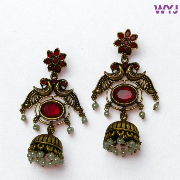 Antique Gold Deep Red Stone Peacock Jhumka Earrings with Pearls
