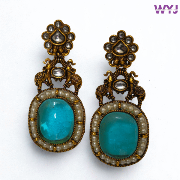 Majestic Blue Kundan & Pearl Antique Earrings – Double Elephant Motif Royal Jewelry