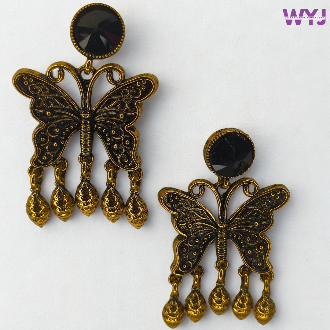 Butterfly Oxidised Earrings with Black Stone