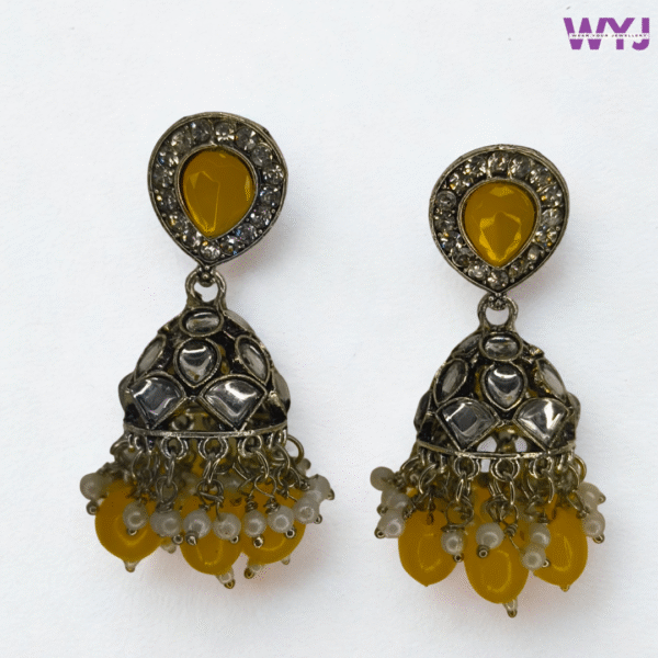 Antique Kundan Dome Jhumka Earrings with Yellow Beads – Perfect for Haldi & Festive Looks