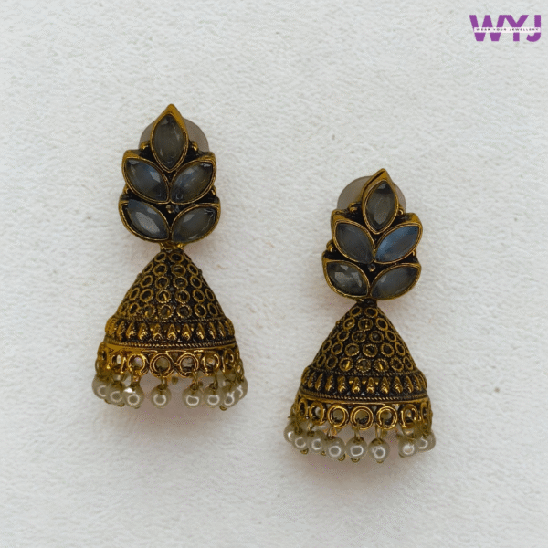 Antique Gold Jhumka Earrings with Grey Kundan Stones & Pearl Drops – Ethnic Indian Earrings for Festive & Party Wear