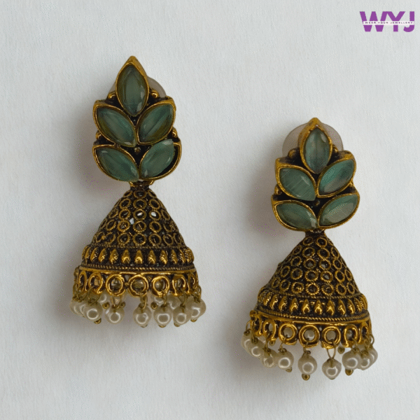 Antique Gold Plated Jhumka Earrings with Green Leaf Stones & Pearl Drops – Ethnic Indian Earrings for Festivals & Weddings