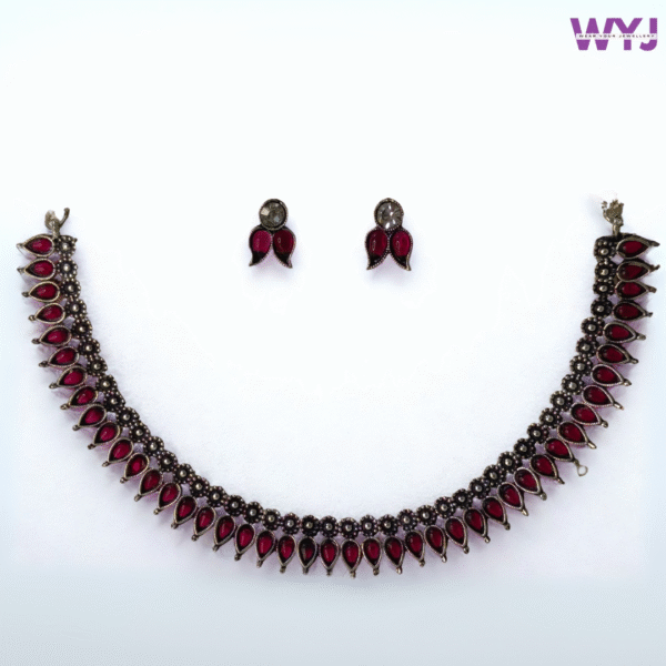Antique Oxidised Choker Set with Red Stones – Ethnic Jewellery