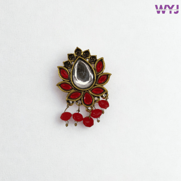 Antique Gold-Plated Red Lotus Mirror Ring | Adjustable Festive Jewelry
