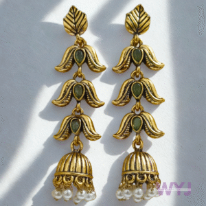 Jhumka Antique Gold Long Green Stone & Pearl Drops | WYJ