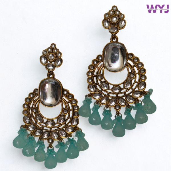 Antique Kundan Chandbali Earrings with Sea Green Beads