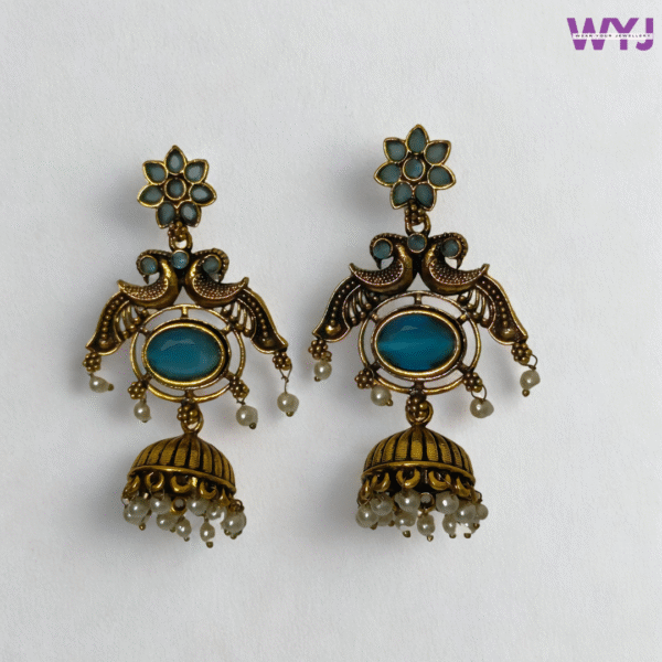 Antique Gold Aqua Blue Stone Peacock Jhumka Earrings with Pearls