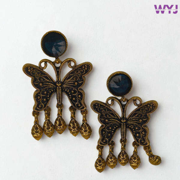 Butterfly Oxidised Earrings with Ink Blue Stone