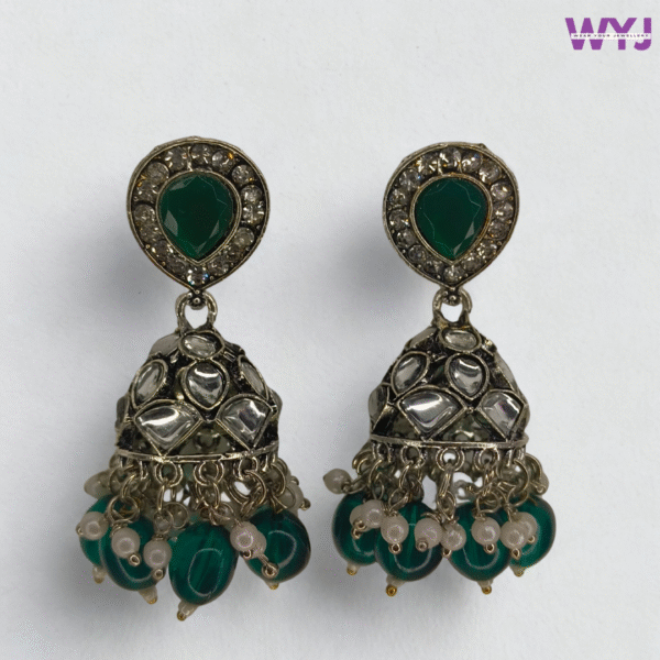 Antique Green Kundan Jhumka Earrings – Traditional Dome Style with Pearl & Bead Detailing
