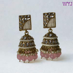 Antique Gold Jhumka Earrings with Kundan, Pearls & Pink Beads