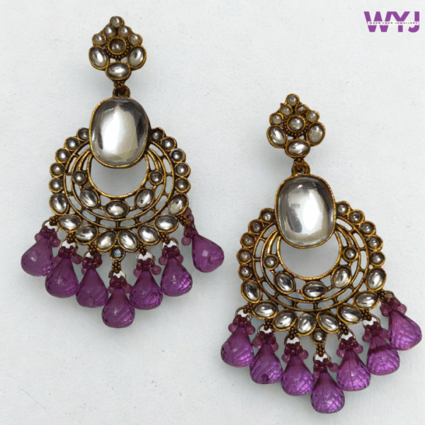 Antique Kundan Chandbali Earrings with Lavender Beads