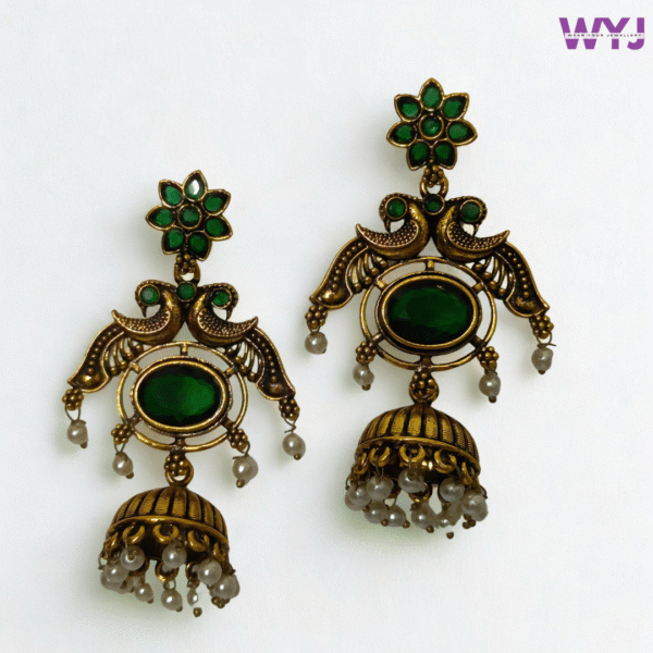 Antique Gold Dark Green Peacock Jhumka Earrings with Pearls