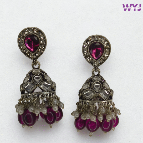 Dark Pink Kundan Dome Jhumka Earrings – Antique Finish with Pearl & Bead Drops