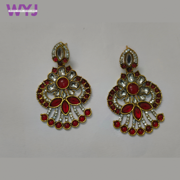 Crimson Red Kundan Statement Earrings with Diamond Accents