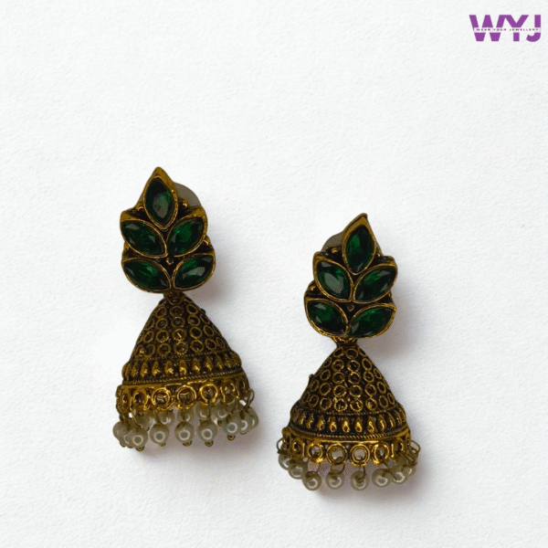 Antique Gold Jhumka Earrings with Emerald Green Stones & Pearl Drops – Traditional Ethnic Earrings for Women