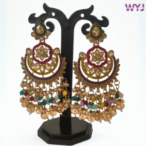 Antique Kundan Chandbali Earrings with Golden Beads & Multicolor Drops