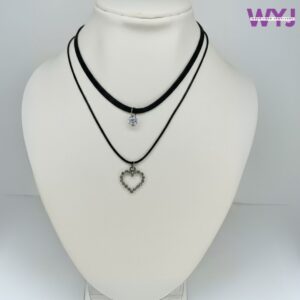 Double Layer Black Velvet Choker Necklace with CZ Pendant & Heart Charm | Trendy Layered Statement