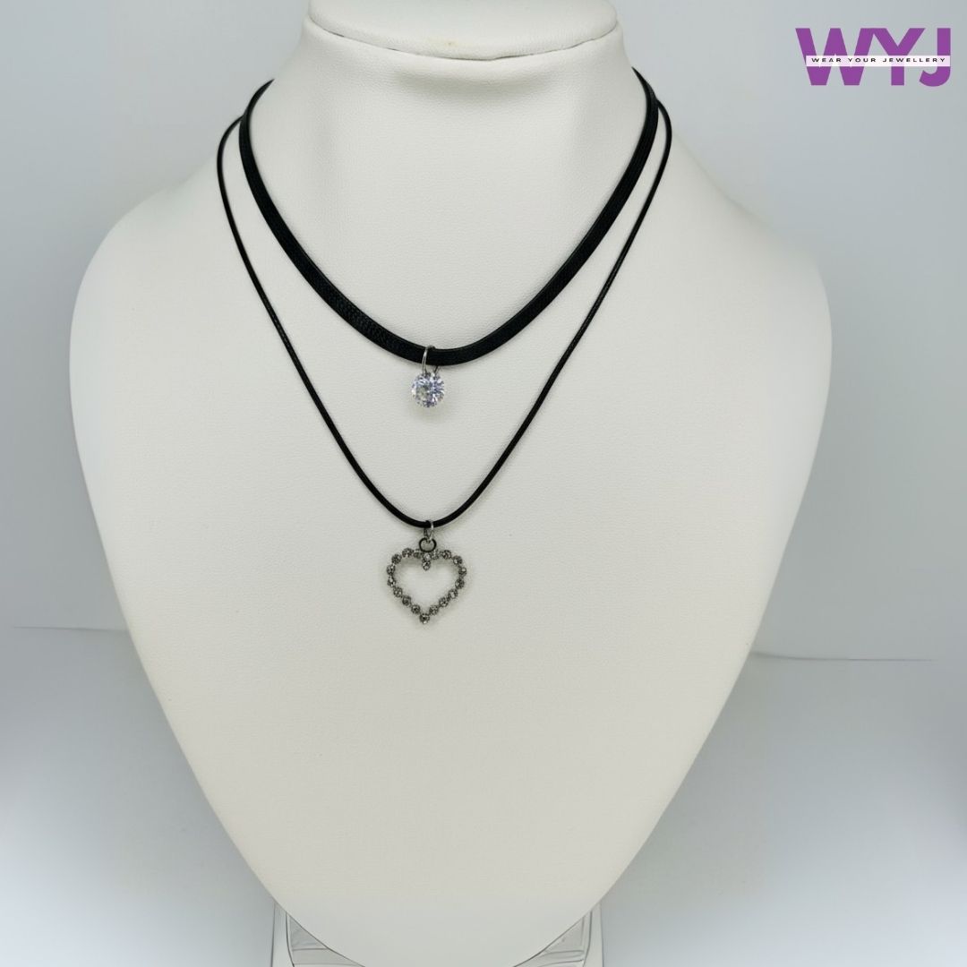 www.wearyourjewellery.com Double Layer Black Velvet Choker Necklace with CZ Pendant & Heart Charm | Trendy Layered Statement