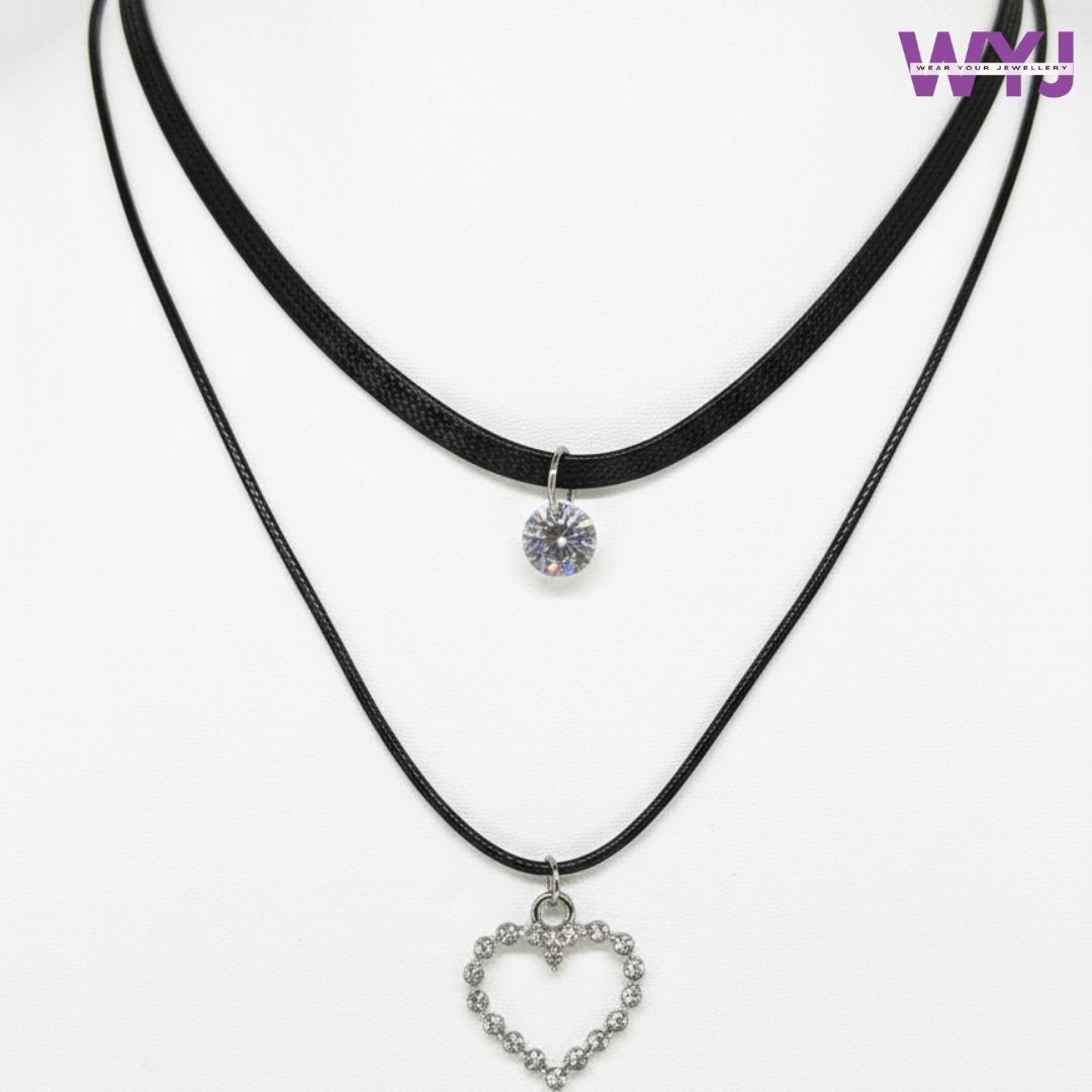www.wearyourjewellery.com Double Layer Black Velvet Choker Necklace with CZ Pendant & Heart Charm | Trendy Layered Statement