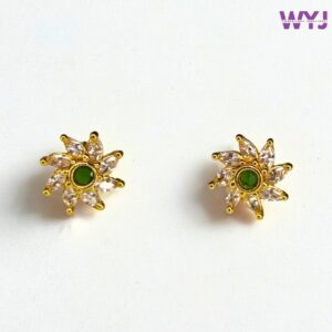 Gold-Plated Floral Stud Earrings with Green Stone & CZ Petals