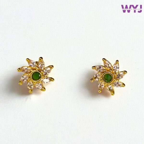 Gold-Plated Floral Stud Earrings with Green Stone & CZ Petals