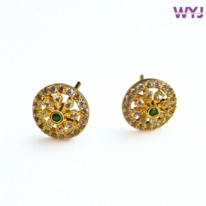 Gold-Plated Round Stud Earrings with Green Stone & CZ Crystals