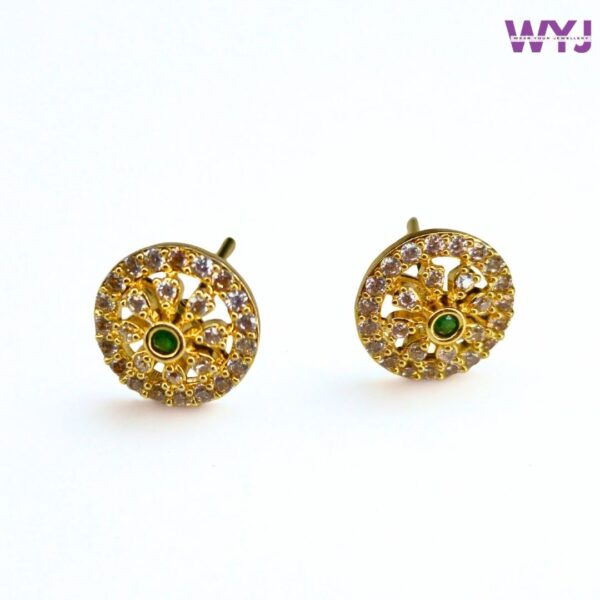 Gold-Plated Round Stud Earrings with Green Stone & CZ Crystals