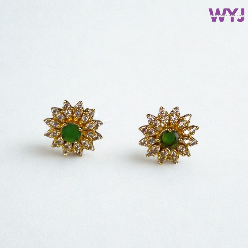 Gold-Plated Floral Stud Earrings with Green Stone & CZ Crystals