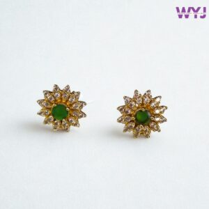 Gold-Plated Floral Stud Earrings with Green Stone & CZ Crystals