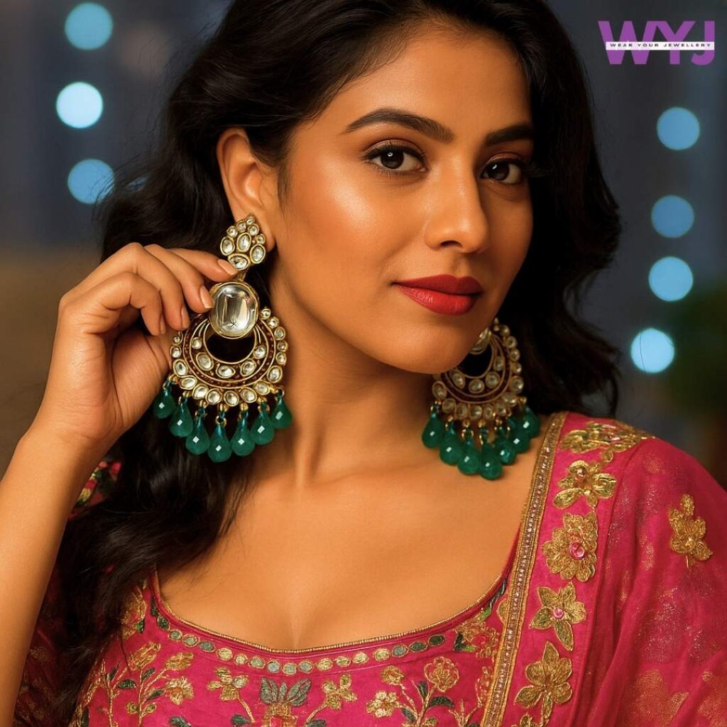 Antique Kundan Chandbali Earrings with Color Bead Drops